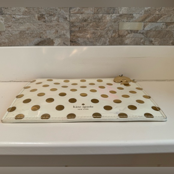 Kate Spade Patent Leather Ivory/Gold Polka Dot Case Bag Pouch Clutch - Picture 2 of 5